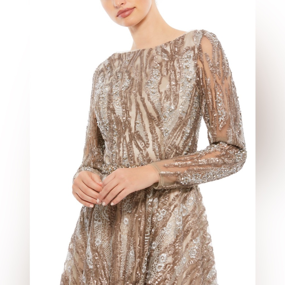 Sequin long sleeve bateau A line gown - Picture 5 of 9
